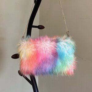 Multicolor Fluffy Rainbow Purse on Gold Chain